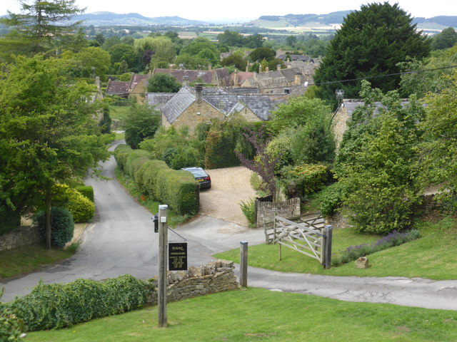 View west across Cotswold fields from the Mount Inn pub garden in Stanton
