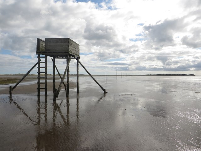 A raised refuge box for stranded walkers on the Pilgrims' Way across Holy Island Sands