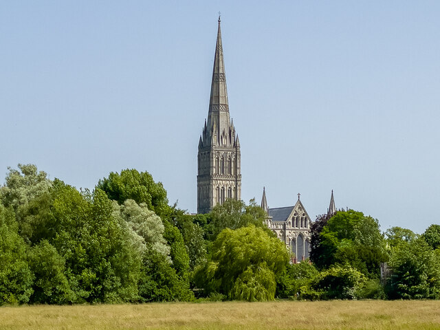 Salisbury Cathedral's spire rising beyond the water meadows of the River Nadder