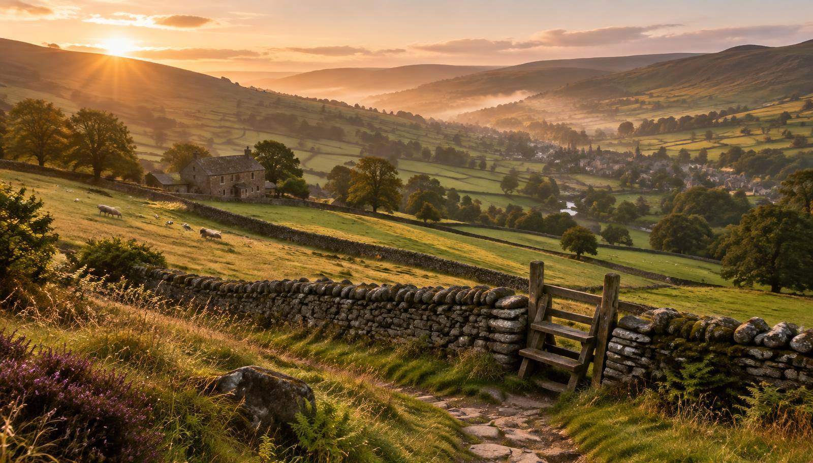 A sunlit valley footpath with a stile and a stone farmhouse in the distance